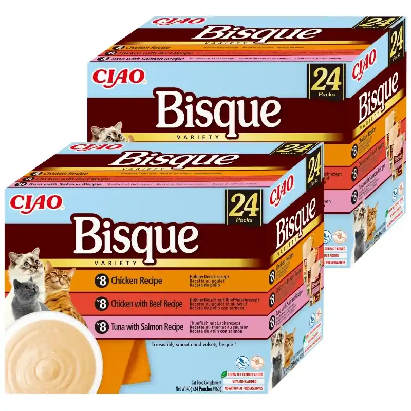 Akciós ár INABA Cat Ciao Bisque - kiegészítő eledel macskáknak, krémleves csirkével, marhahússal és hallal 2x(24x40g)
