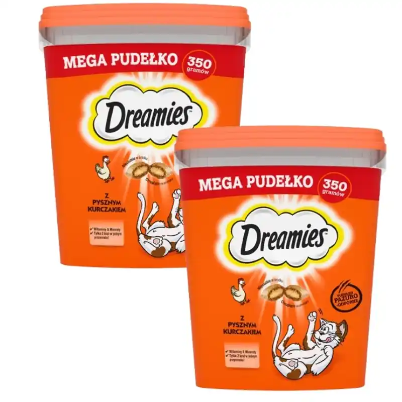 Népszerű DREAMIES Mega Box 2x350 g - kiegészítő eledel felnőtt macskáknak, ízletes csirkehússal