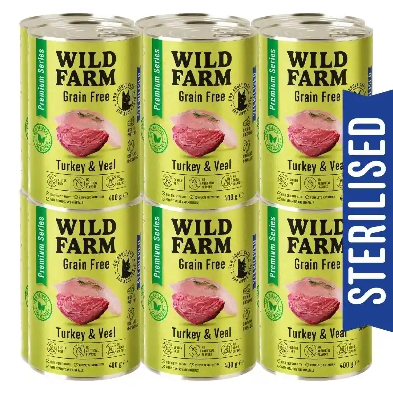 Akciós ár WILD FARM Premium Grain Free Turkey and Veal 12x400g - gabonamentes eledel sterilizált macskáknak