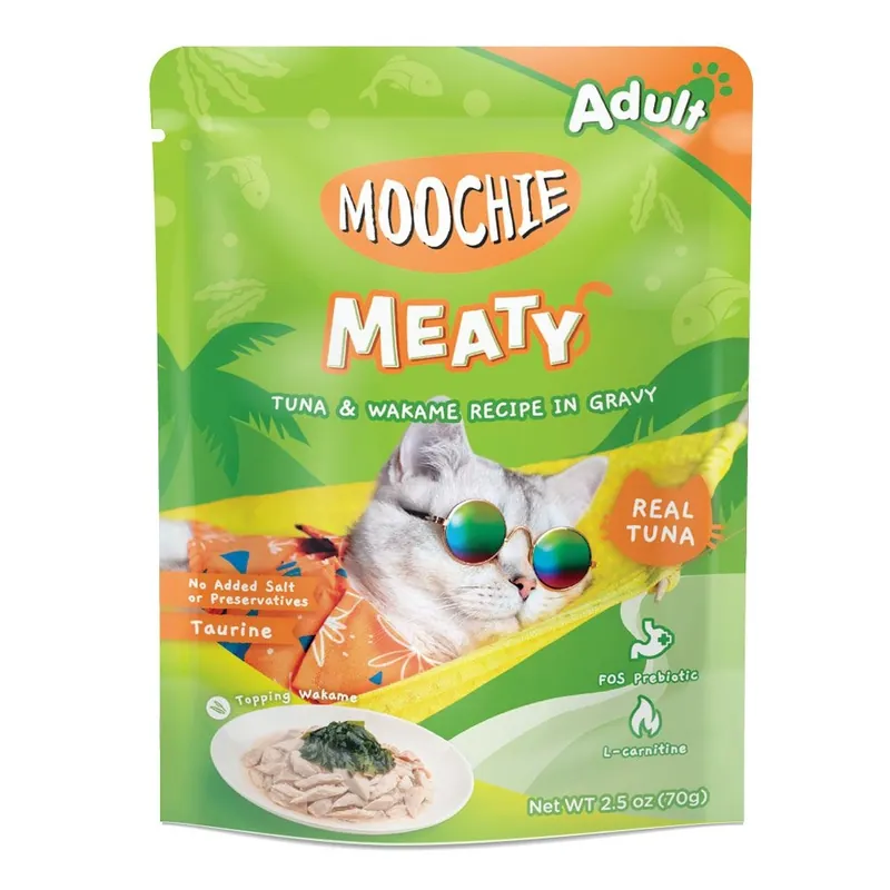 Szuper akció MOOCHIE Tonhal és Wakame mártásban 70 g nedves macskaeledel (Tonhal és wakame tengeri moszat mártásban)