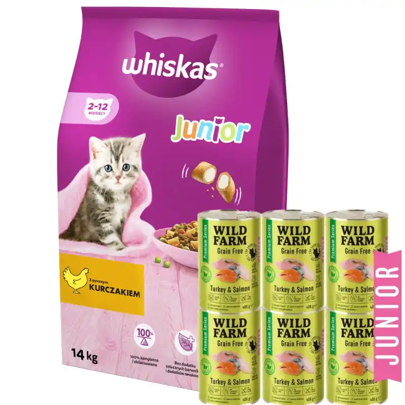 Alacsony ár WHISKAS Száraz cicatáp Junior csirkével 14kg + WILD FARM Premium Grain Free Turkey and Salmon Junior 6x400g