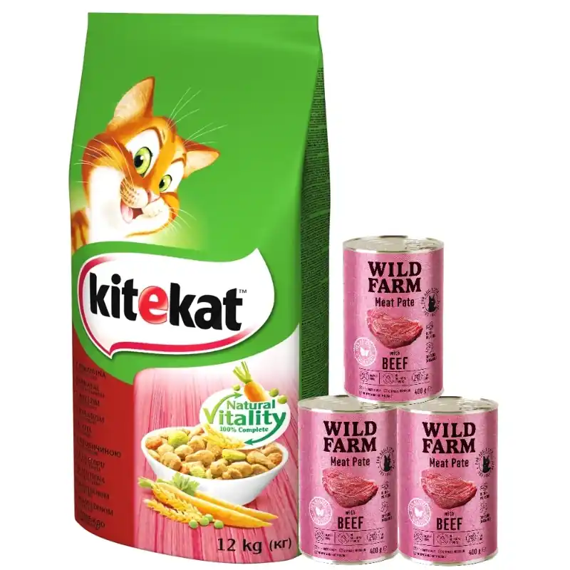 KITEKAT Száraz macskaeledel marhahússal és zöldséggel 12kg + WILD FARM Pate marhahússal 3x400g Nézd meg most
