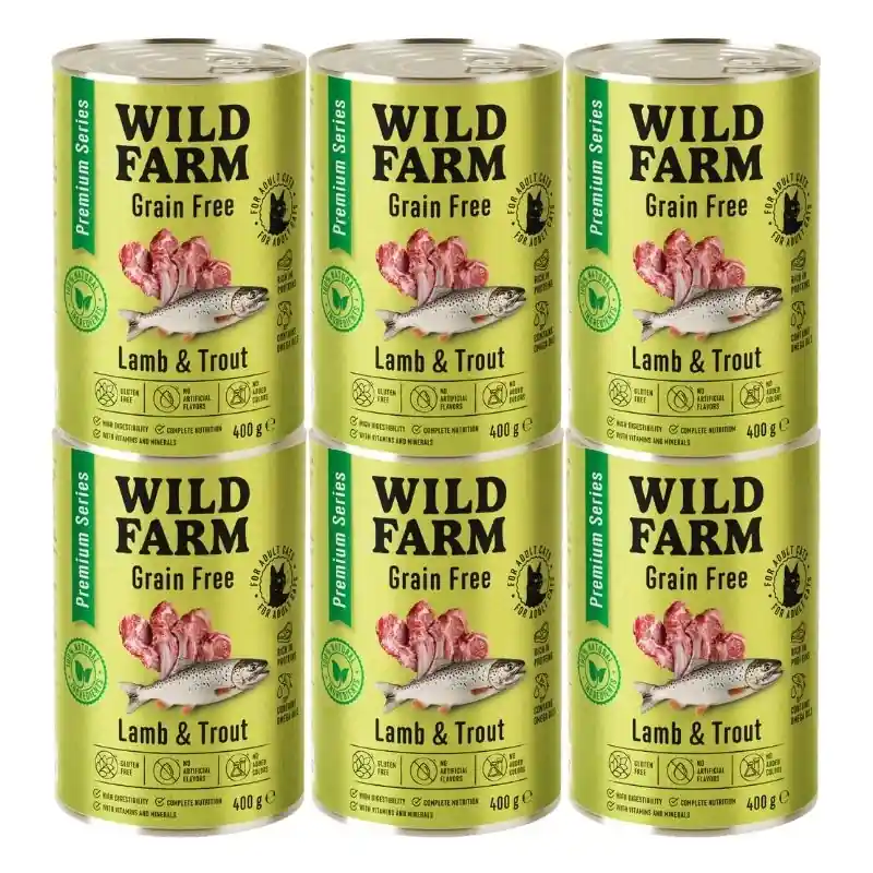 Kedvezményes ár WILD FARM Premium Gabonamentes bárány és pisztráng 6x400g - gabonamentes macskaeledel