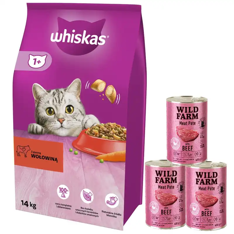 Akciós ár WHISKAS Száraz macskatáp 1+ marhahússal 14kg + WILD FARM Pate marhahússal 3x400g