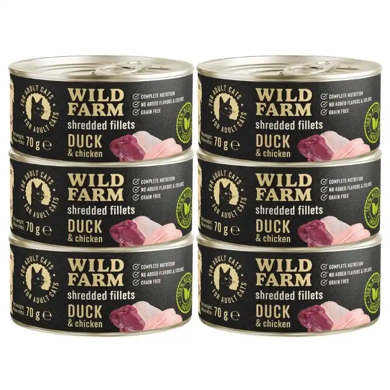 Bestseller WILD FARM Fillets Duck&Chicken 6x70g - gabonamentes nedves macskaeledel, filé húslevesben