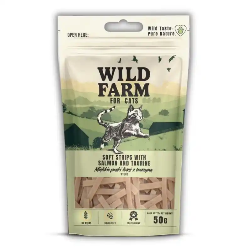 WILD FARM puha lazac csíkok taurinnal 50g macskaeledel 50g macskáknak Utolsó esély