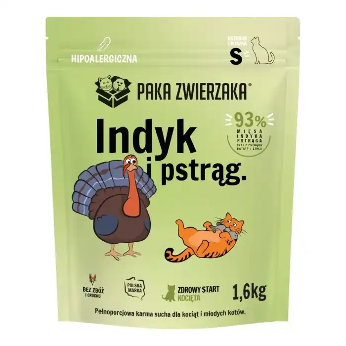 Árengedmény Pet Paka - Száraz eledel macskáknak pulykának és pisztrángnak kiscicáknak "S" 1.6kg
