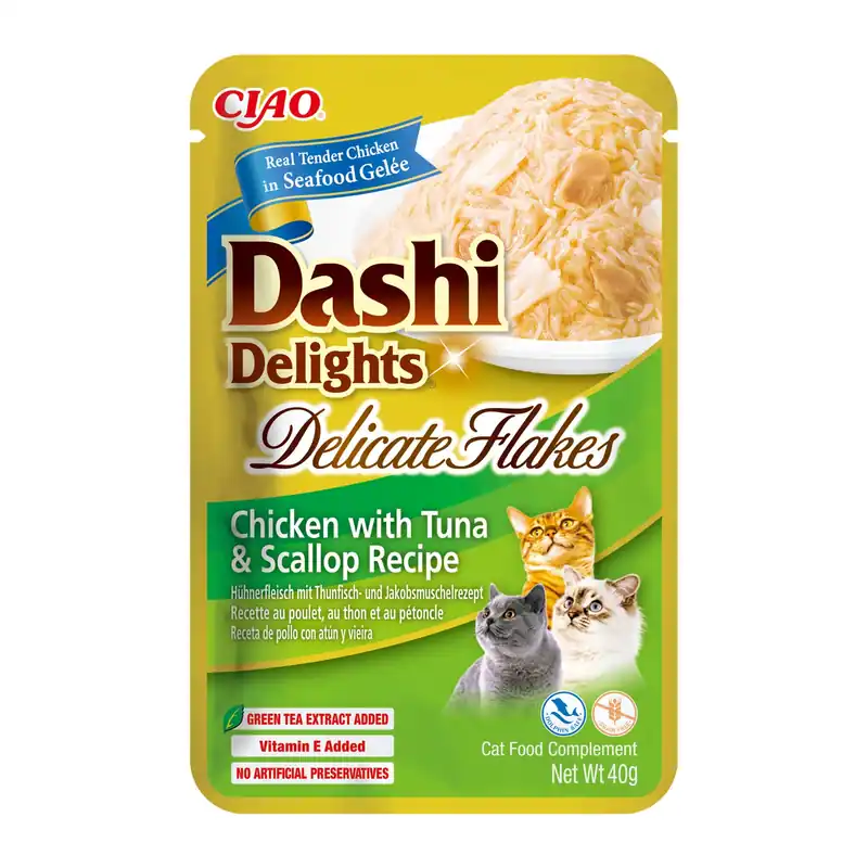 Expressz kézbesítés INABA Dashi Delights Finom pelyhes csirke tonhallal és fésűkagylóval recept 40g