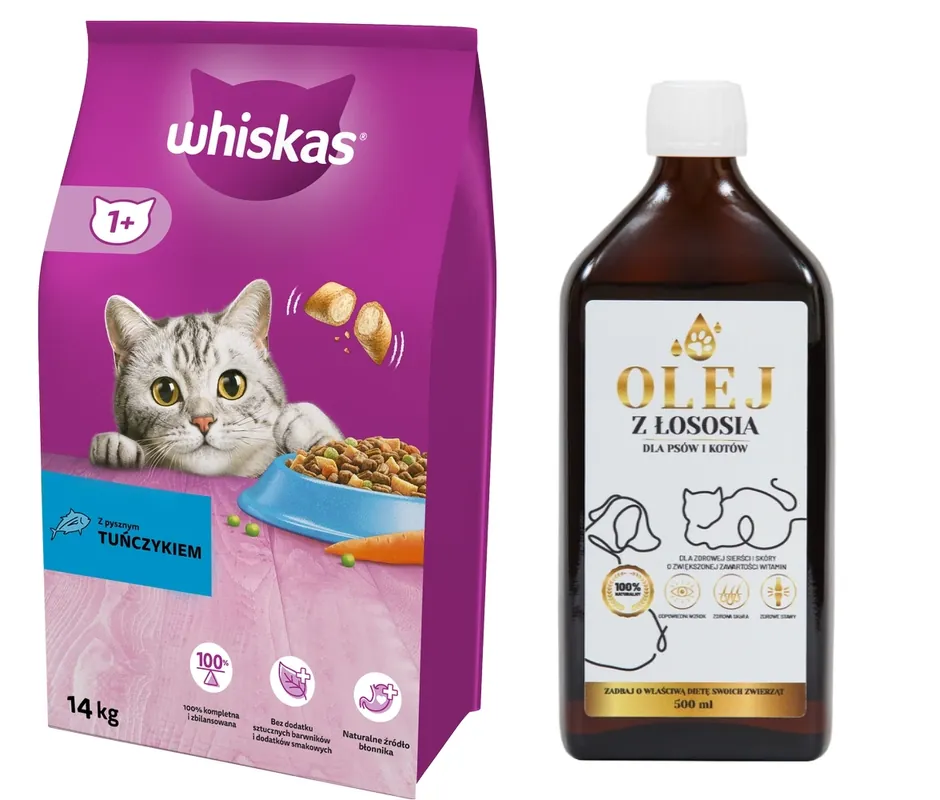 WHISKAS Száraz macskaeledel 1+ tonhallal 14kg + Lab-V 100% lazacolaj kutyáknak és macskáknak minden korosztály számára 500ml hidegen sajtolt 500ml Azonnali szállítás
