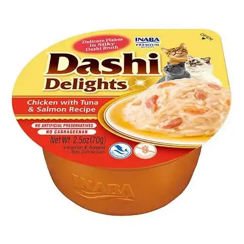 Árcsökkenés Inaba DASHI kiegészítő macskaeledel - csirke, tonhal és lazac ízű húsleves 70 g