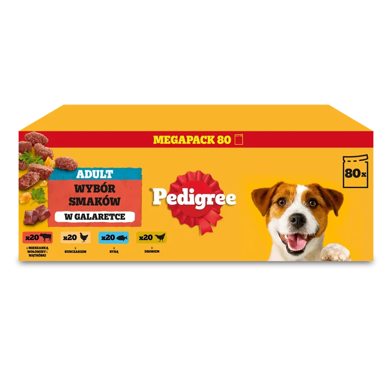 Utolsó esély PEDIGREE® felnőtt kutyáknak szánt nedves eledel, különböző ízekben, zselében, 80 x 100 g-os tasakokban