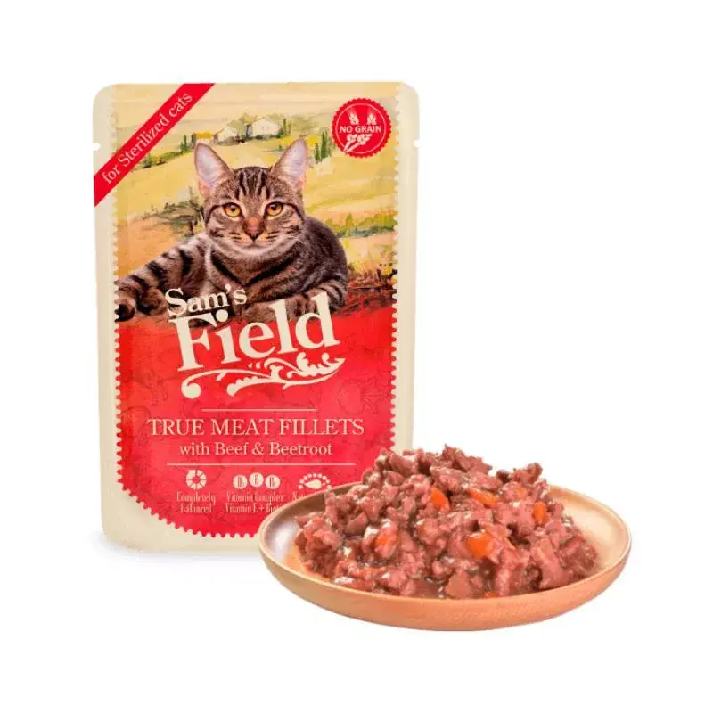 Újdonság Sam‘s Field True Meat Fillets STERIL Marha+Cékla 85gr