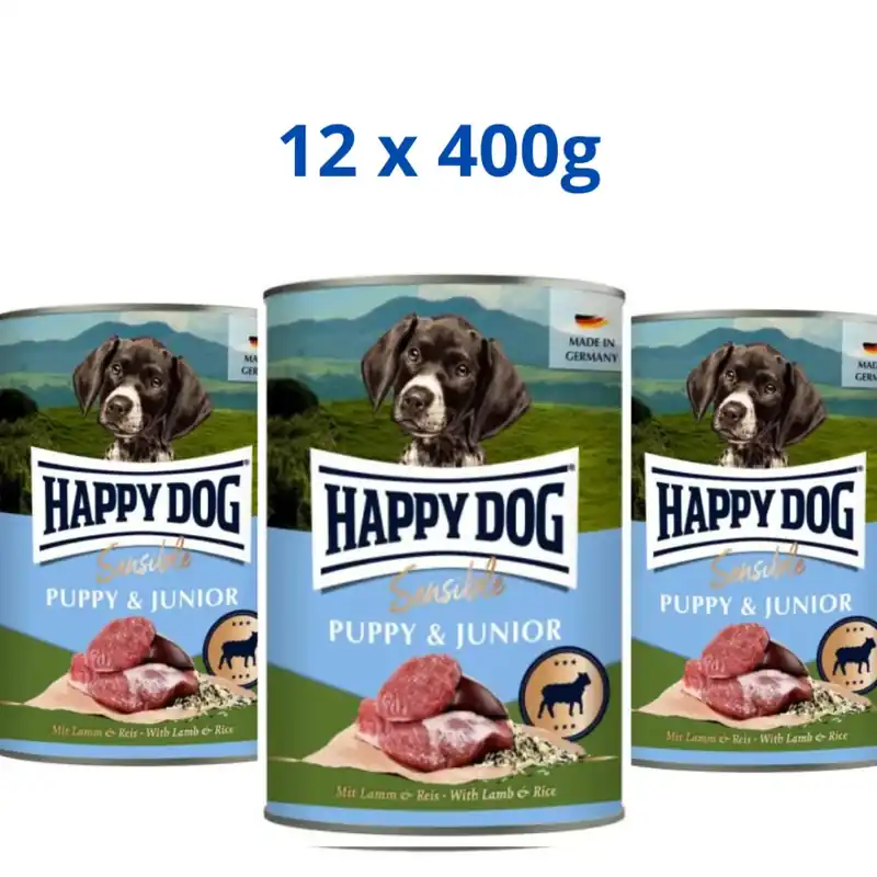 Akció Happy Dog Puppy&Junior 12x400g konzerv Bárány-Rizs