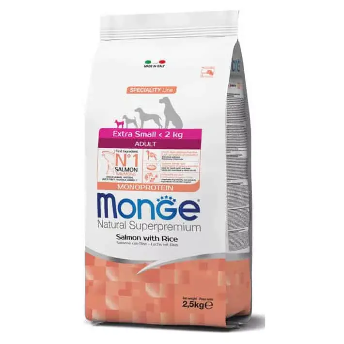 Végkiárusítás MONGE DOG SZÁRAZ EXTRA SMALL 2,5KG LAZAC