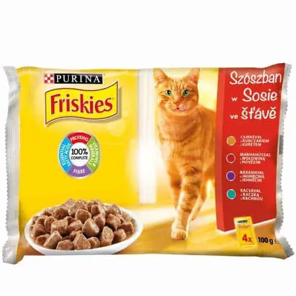 Biztonságos fizetés FRISKIES Macskaeledel Szószban - Csirkével, Marhával, Báránnyal, Kacsával 4x85g