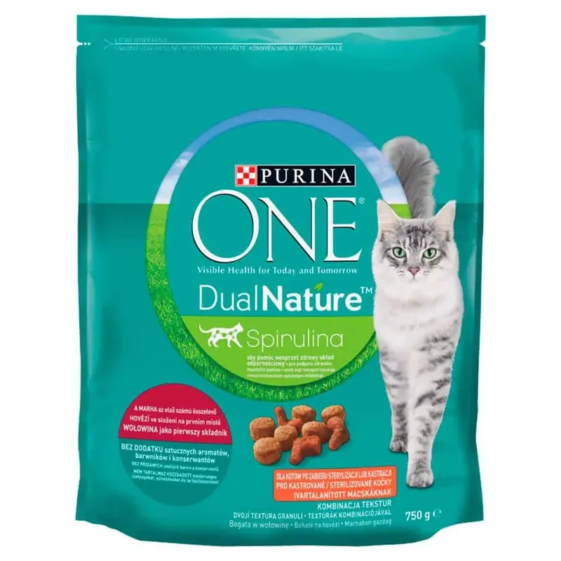 Kihagyhatatlan ajánlat Purina One Cat DualNature Spirulina száraz macskatáp marha 750g