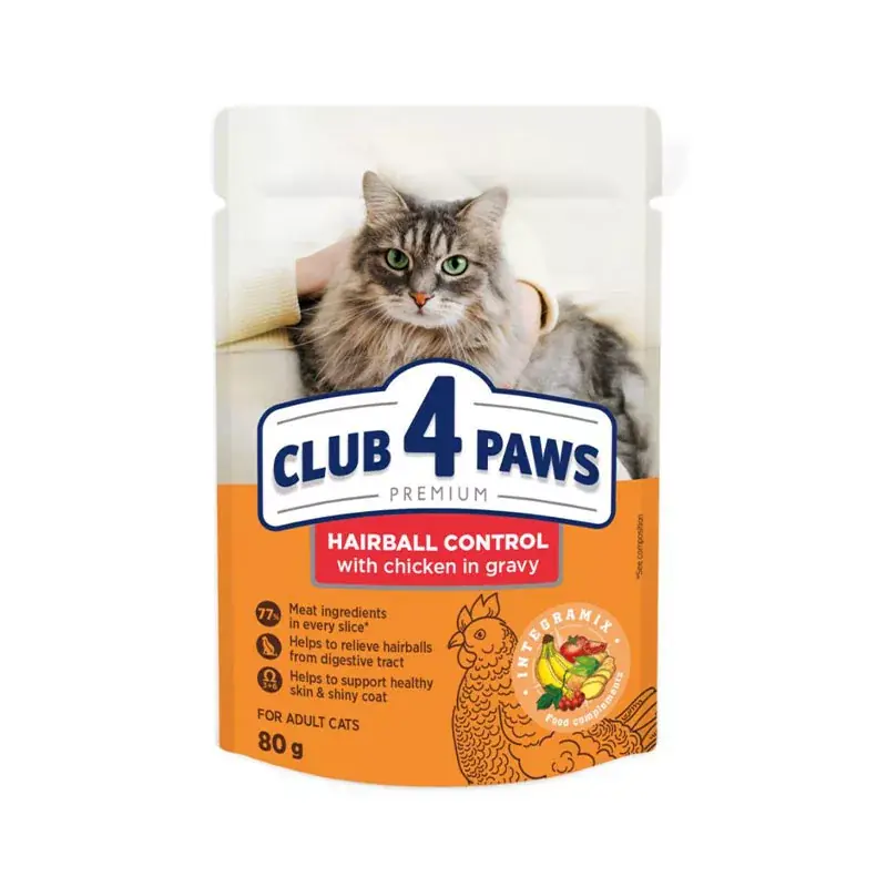 Kedvezményes ár CLUB 4 PAWS PREMIUM CAT HAIRBALL NEDVES ELEDEL CSIRKE 80G