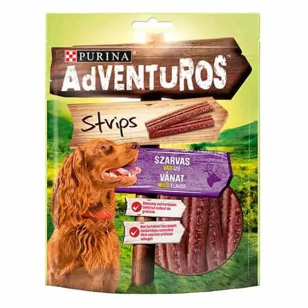 Kiárusítás Purina ADVENTUROS szarvas, vad ízű rágcsálnivaló Csíkok 90G – Speciális jutalomfalat kutyáknak.